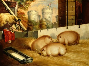 Trois cochons avec un château en arrière-plan